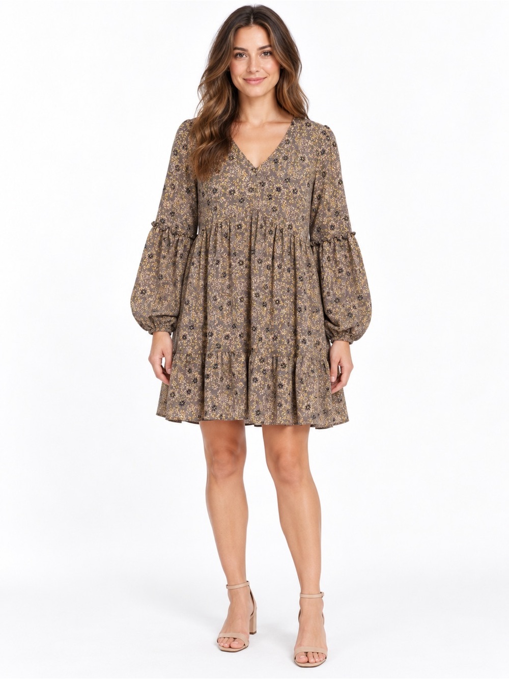C Est. 1946 Women’s Taupe Floral V-Neck Tiered Dress Size Medium